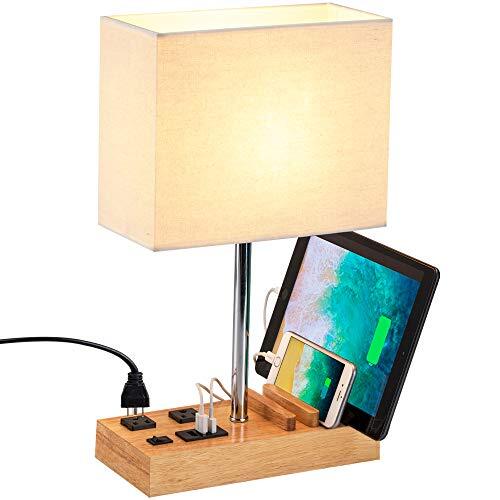 3-USB Dual-Outlet Wooden Base Desk Lamp for Charging & Lighting  -image