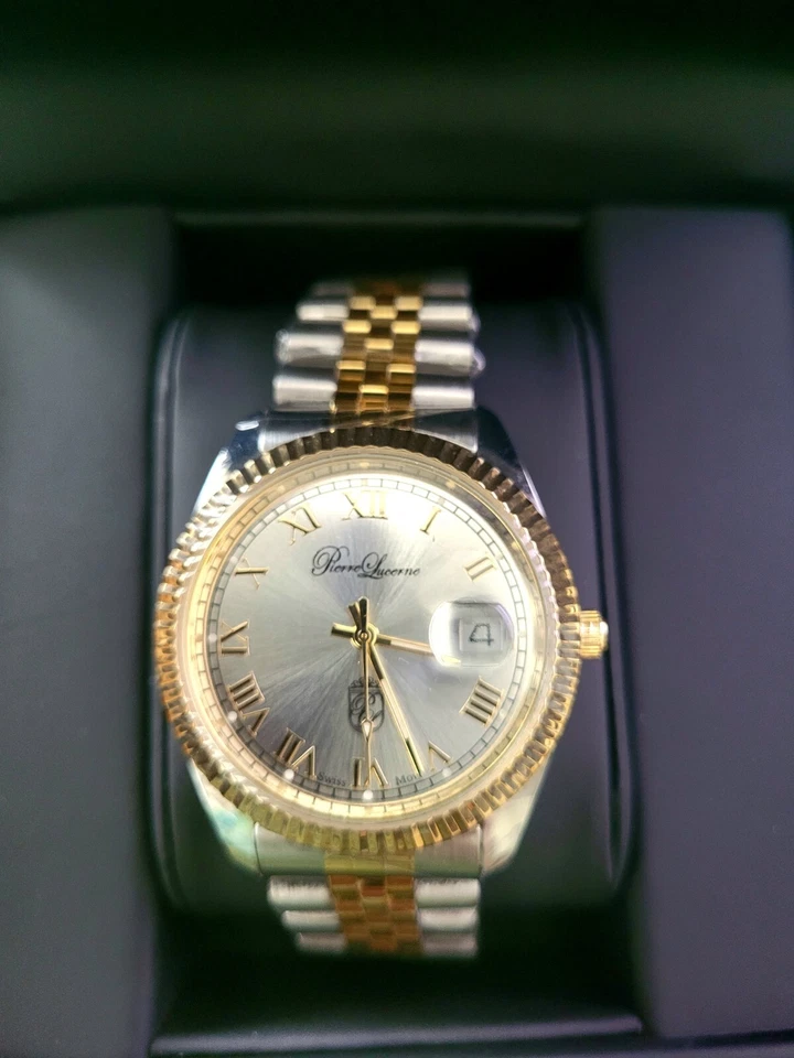 Auténtico reloj Pierre Lucerna suizo estriado Jubileo Presidente fecha solo para hombre nuevo en caja Foto 4 de 4