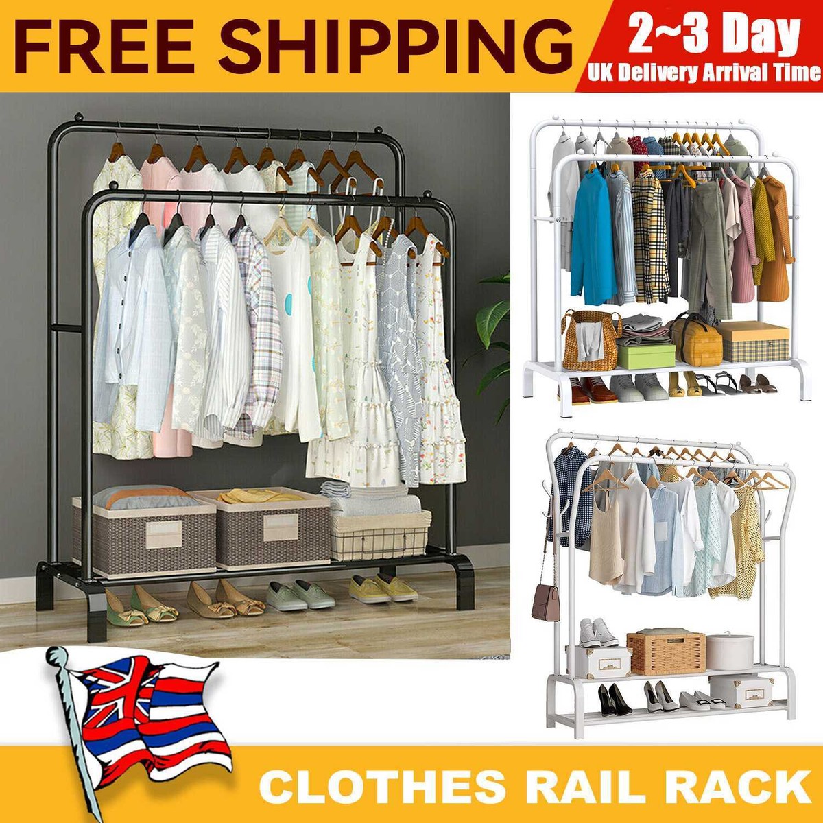 Heavy Duty Metal Double Rail Clothes Garment Hanging Rack Shelf Display  Stand UK