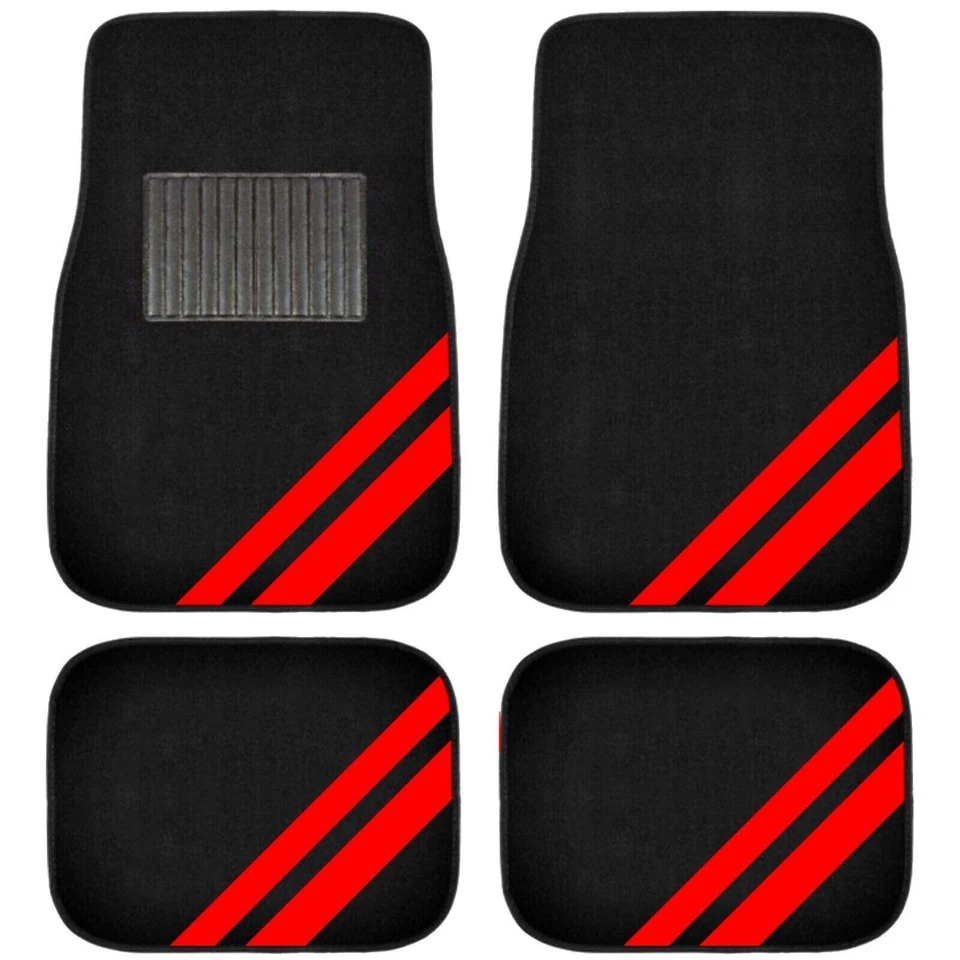 NEW 5PC DODGE Red Stripe Car Truck Black Floor Mats Steering Wheel Cover SET - Image 2 of 4