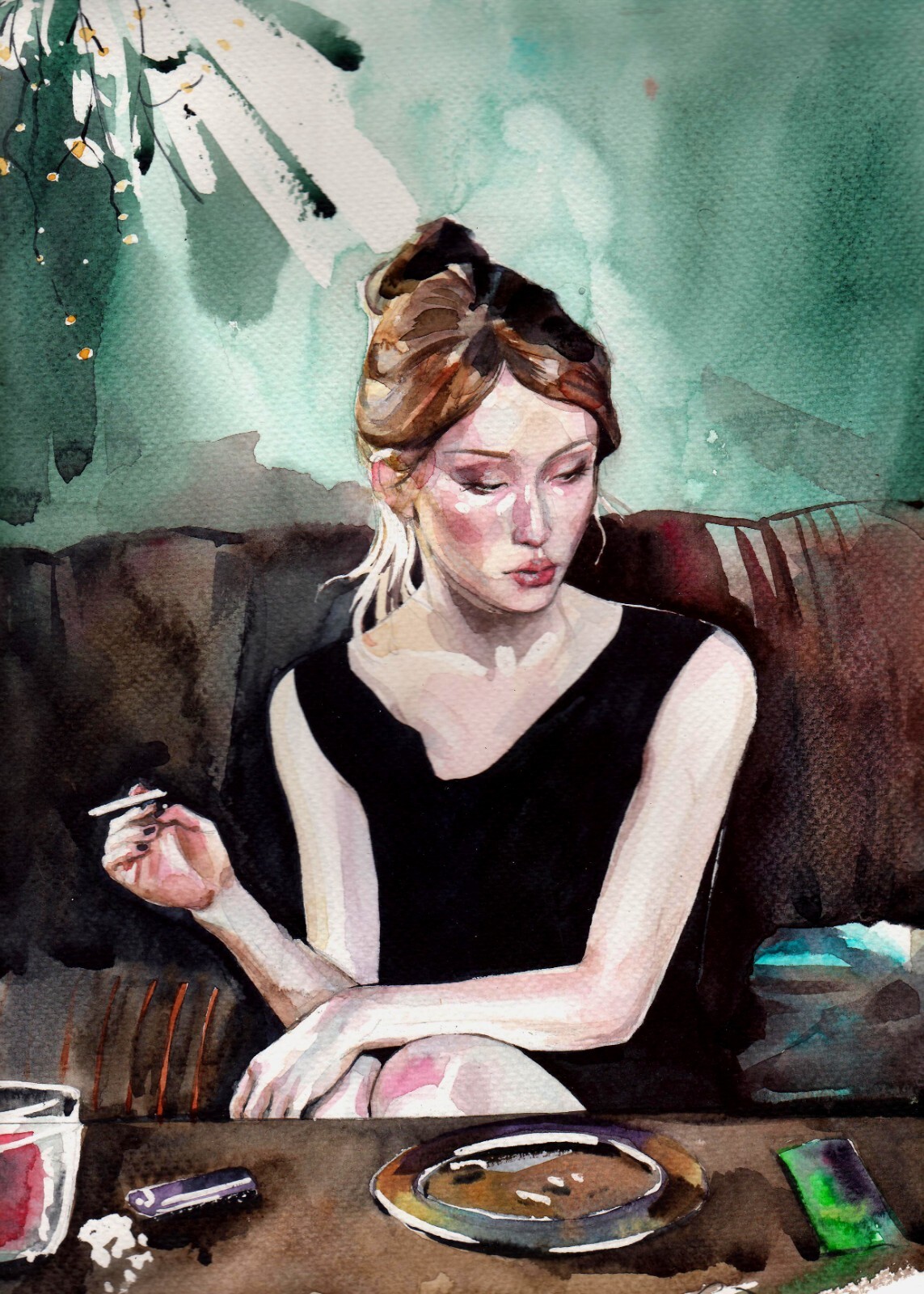 Original Watercolor Smoking Woman Sitting Portrait Painting