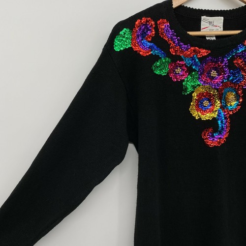 Vintage Sweater Jumper Medium 1992 Sequins Shoulder Pads Statement 90s Disco Y2K - Picture 4 of 7