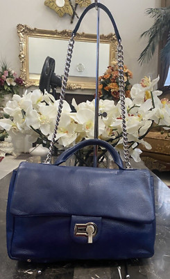 New Charles Jourdan Vogue Flap-Top Blue Leather Chain Strap Shoulder Bag, $350