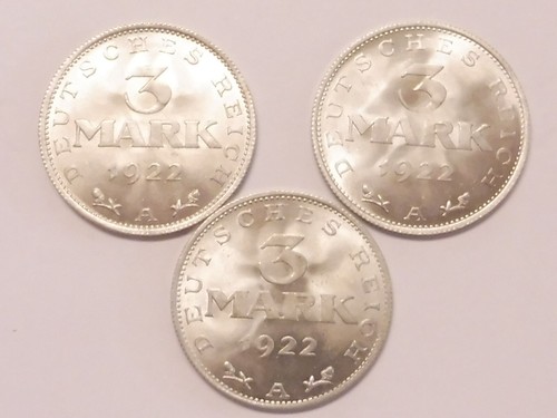 WEIMARER REPUBLIK 3 x 3,- Mark 1922 A Alu Toperhaltung (L3171)