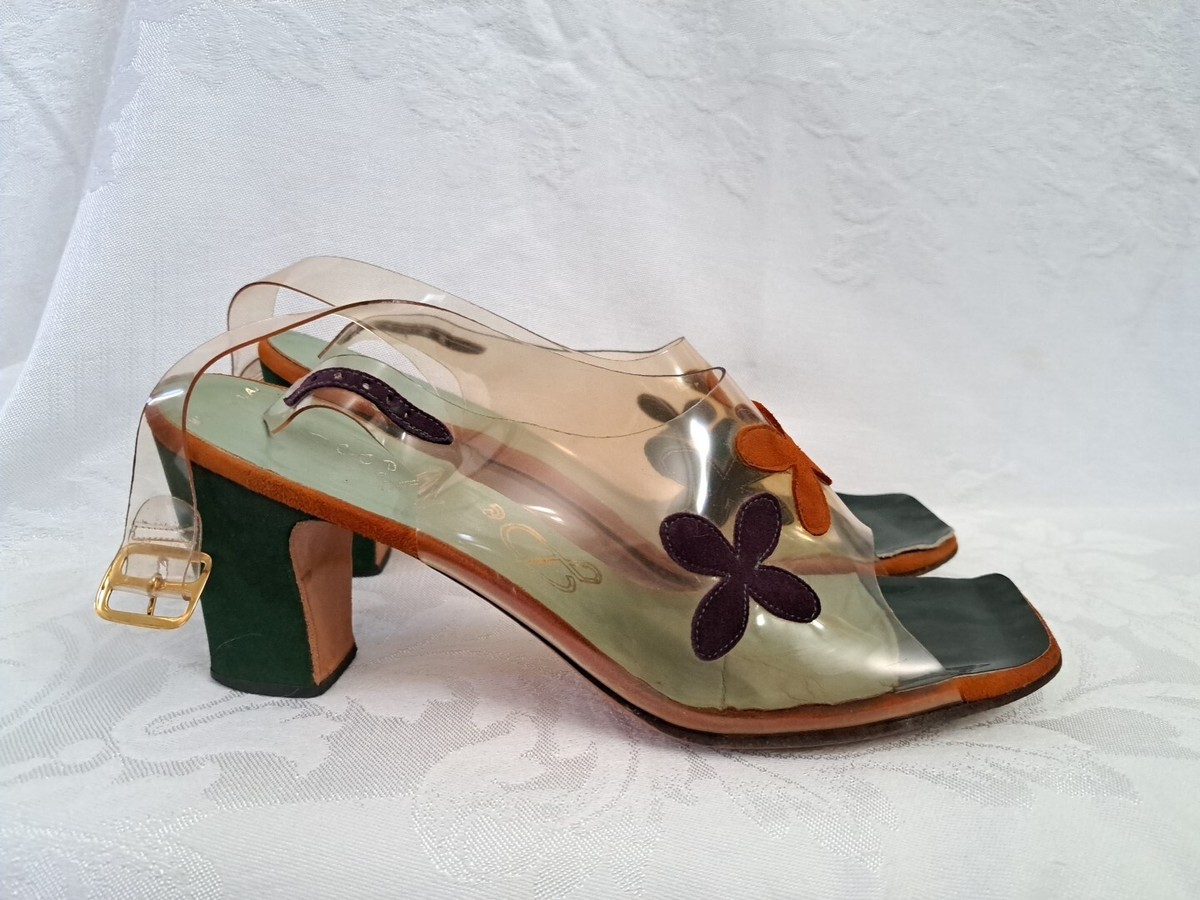 Vintage 50's 70's Clear Transparent Vinyl Upper Strap Sandal Heel