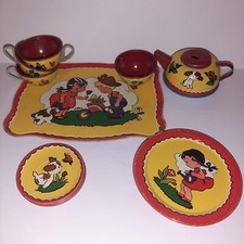 Vintage 15 Piece Tin Litho Tea Set Ohio Art Puppy Girl Teapot Cups Plates Tray