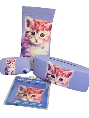 NEW Kitten Cat Purple Clamshell & Soft Pinch Eyeglasses Case Contact Case Cloth