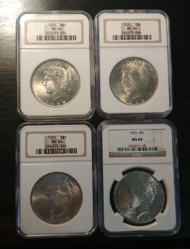 LOT of FOUR 1925 Silver Peace Dollar Coins All NGC Certified MS64
