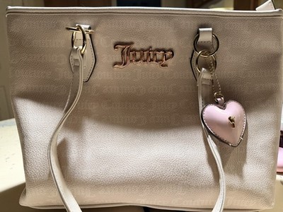 Juicy Couture Beige Large Tote Bag Zip Closure Logo Pattern Heart Charm Pockets