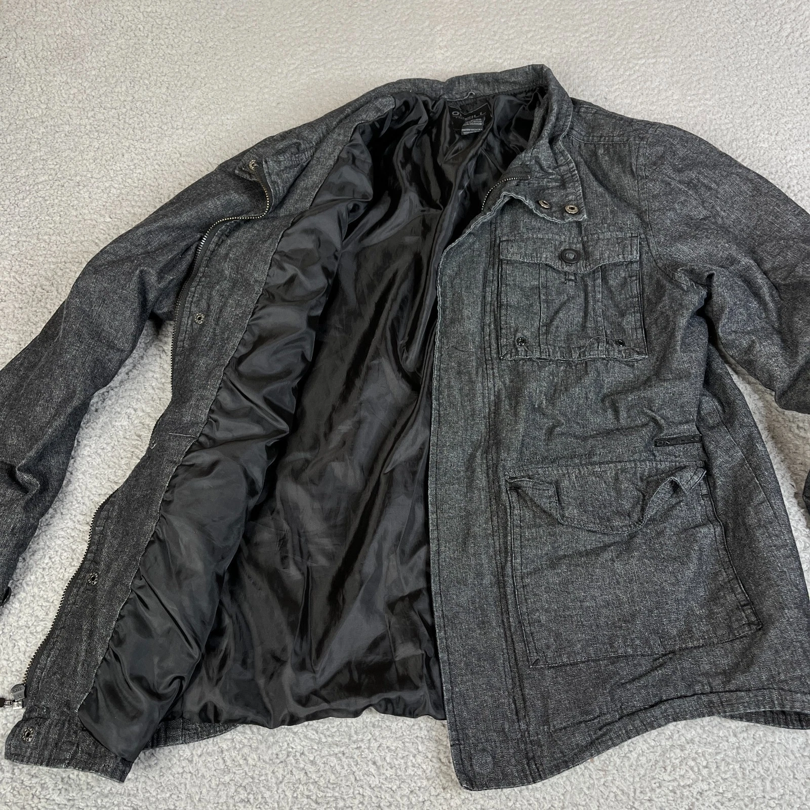 O'Neill Denim Jacket Men Large Black Full Zip Snap Lined Four Pockets Surf Skate