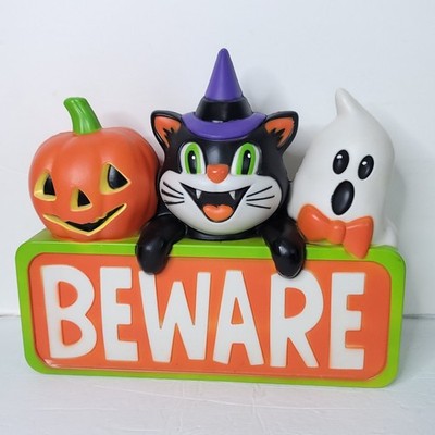 Halloween Lighted Blow Mold Vintage Style BEWARE Pumpkin Black Cat Ghost 15'' NEW