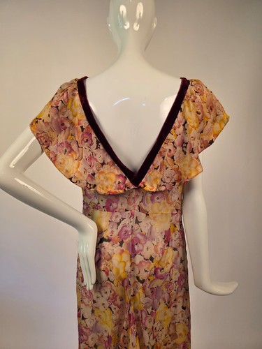 GLAM VINTAGE 1930’S RICH FLORAL PRINT SILK GAUZE DRESS W RUFFLE + VELVET - Picture 7 of 8