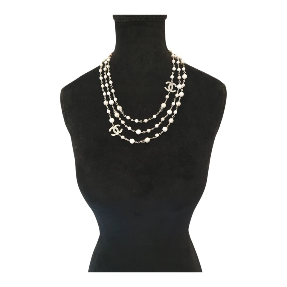 Chanel Perlenkette 3 Reihige Kristall CC Halskette Silber OVP - Bild 4 von 4