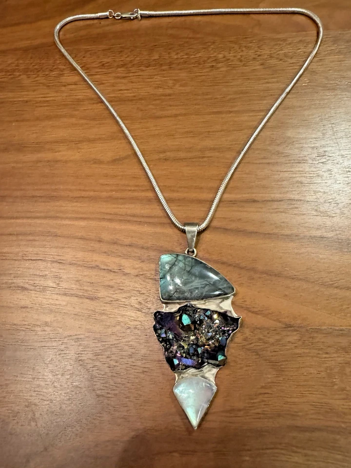 "Collar colgante unisex de plata 925 con piedra lunar mineral de pavo real 22"" India" Foto 3 de 4