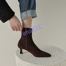 Womens Fashion Faux Suede Pointy Toe Kitten Heel Stretched Ankle Boots Shoes