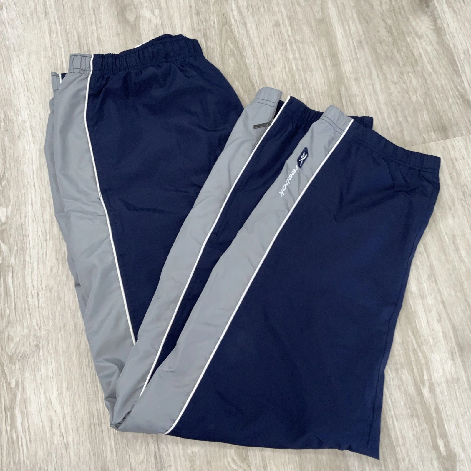 Vintage Y2K Reebok Track Pants Windbreaker Lined Spellout Navy Blue Mens XL
