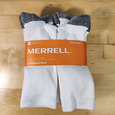 MERRELL All Purpose Cushioned Crew Socks 6 Pair M/L Men 9-12 Womens 10-13 White