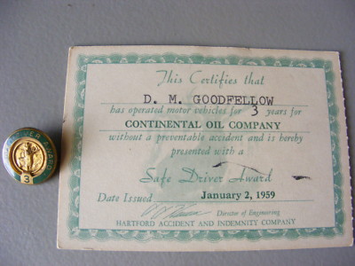 Vintage  1959 Continental Oil Company Conoco Safe Driver Certificate With Pin