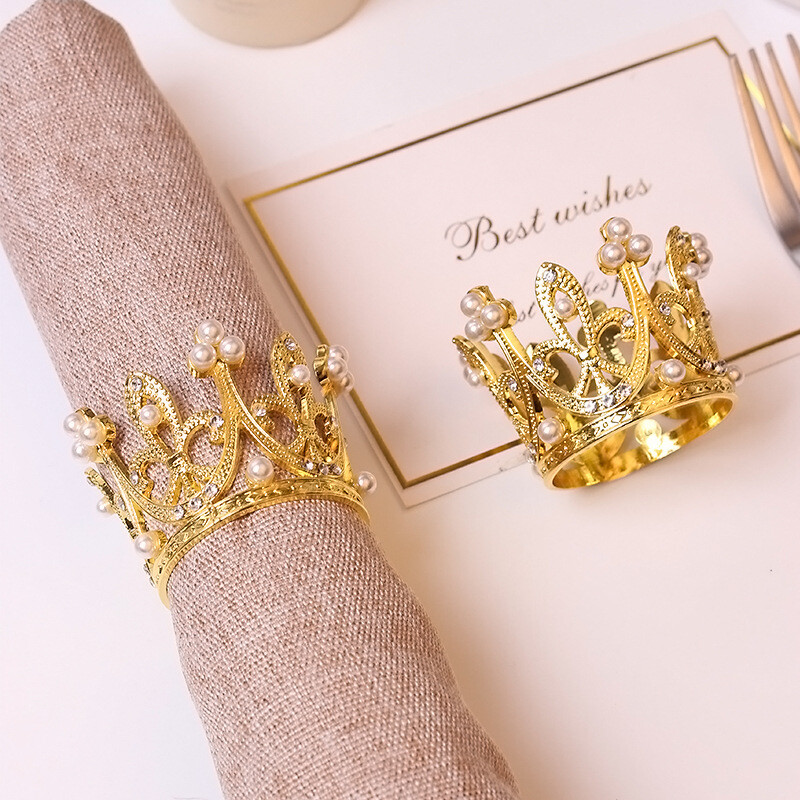 6Pcs Napkin Ring Elegant Rhinestone Pearl Crown Tableware Zinc Alloy Table  Decor