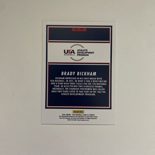 2024 Panini Stars & Stripes USA Baseball #144 Brady Bickham Stars - 第 2/2 張圖片