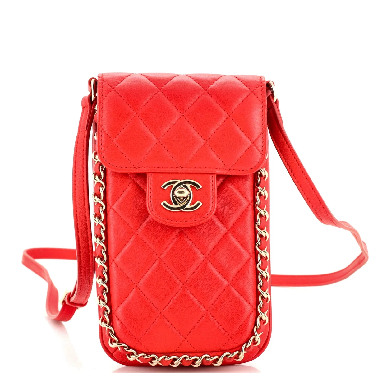 Chanel Chain Around Phone Holder Crossbody Bag Quilted Lambskin Red