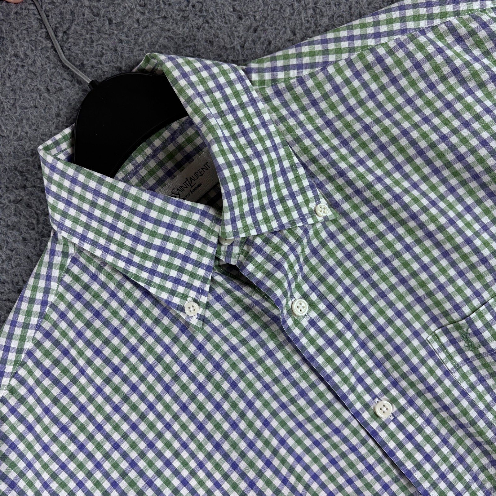 Yves Saint Laurent Camicia Uomo 15 Blu Verde Quadri Manica Lunga Bottoni Elegante YSL