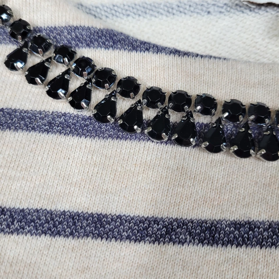 Camisa Coldwater Creek para mujer mediana beige a rayas manga larga algodón adornado Foto 3 de 4