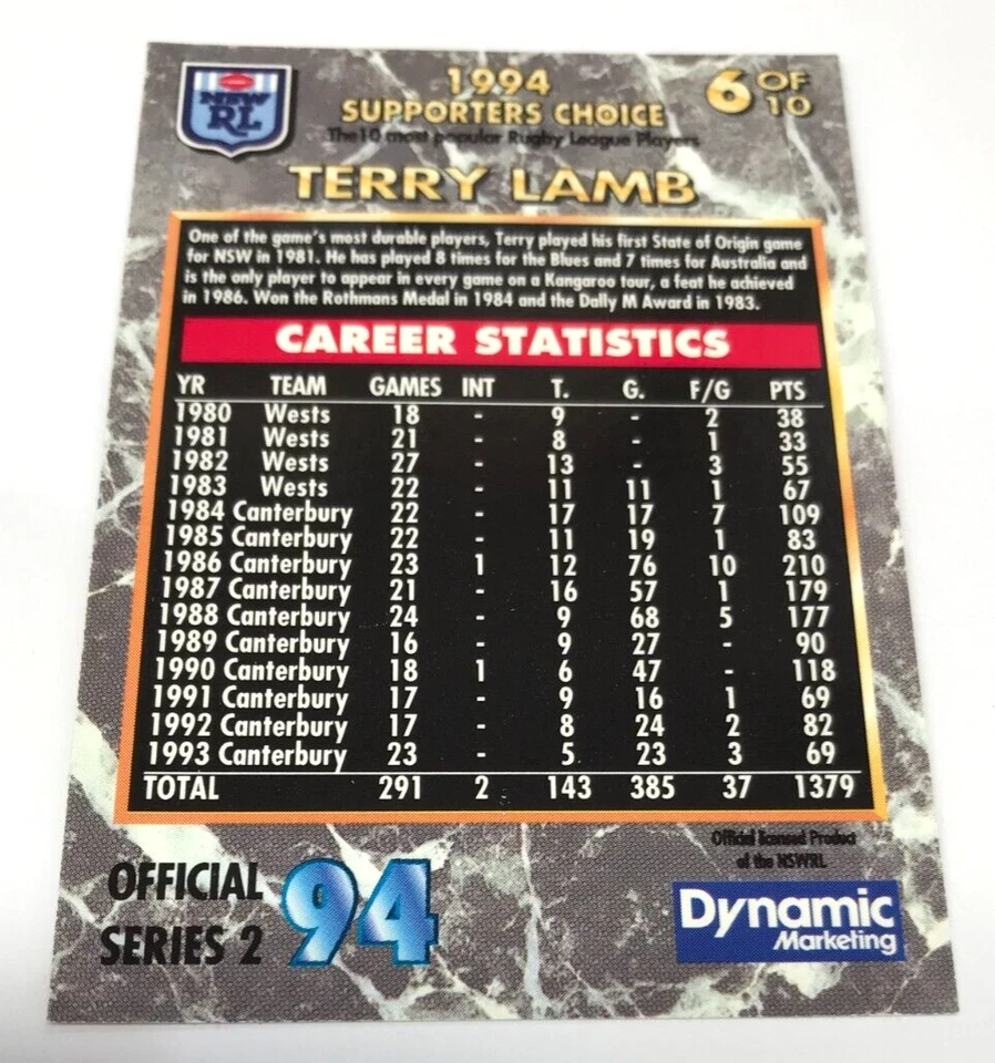 Tarjeta Dynamic Rugby League S2 1994 elección de partidarios tarjeta dorada S6 Terry Lamb Foto 2 de 2