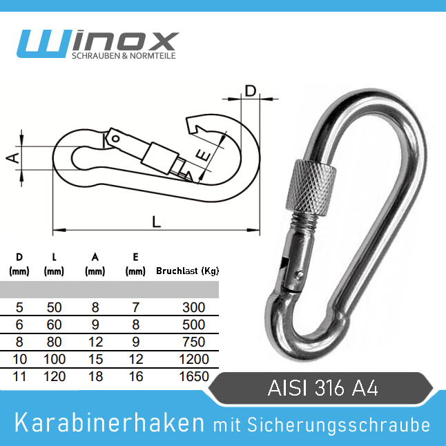 Karabinerhaken Edelstahl V4A 7x70mm - Rostfrei AISI 316