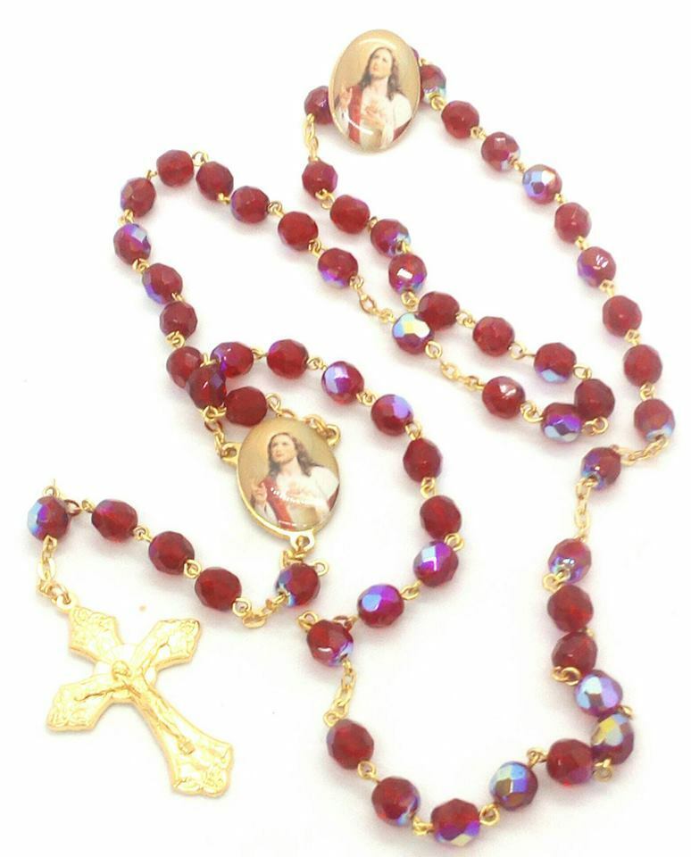 Sacred Heart Red Italian AB Crystal Rosary Beads-FREE Pin-Stamped Made in Italy