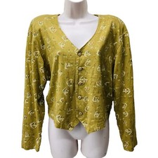 VTG‼ MICHAEL G Sz L Green Button-Up V-Neck Point Hem Cotton Blouse USA Made •VG‼
