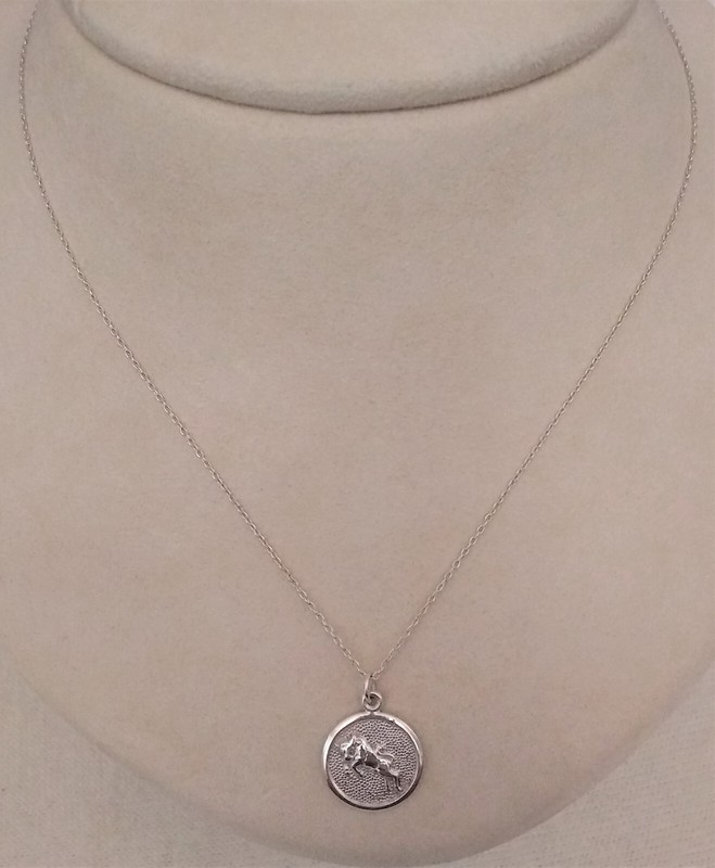 VINTAGE GERMAN NECKLACE 835 SILVER TAURUS BULL PENDANT "GOD BLESS YOU" 17" CHAIN