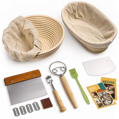 Bread Banneton Proofing Basket Set, 9 Inch Round & 10 Inch Oval Cane Sourdough B