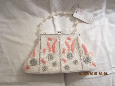 White, Salmon and Silver Beaded Handbag from Ellea of New York