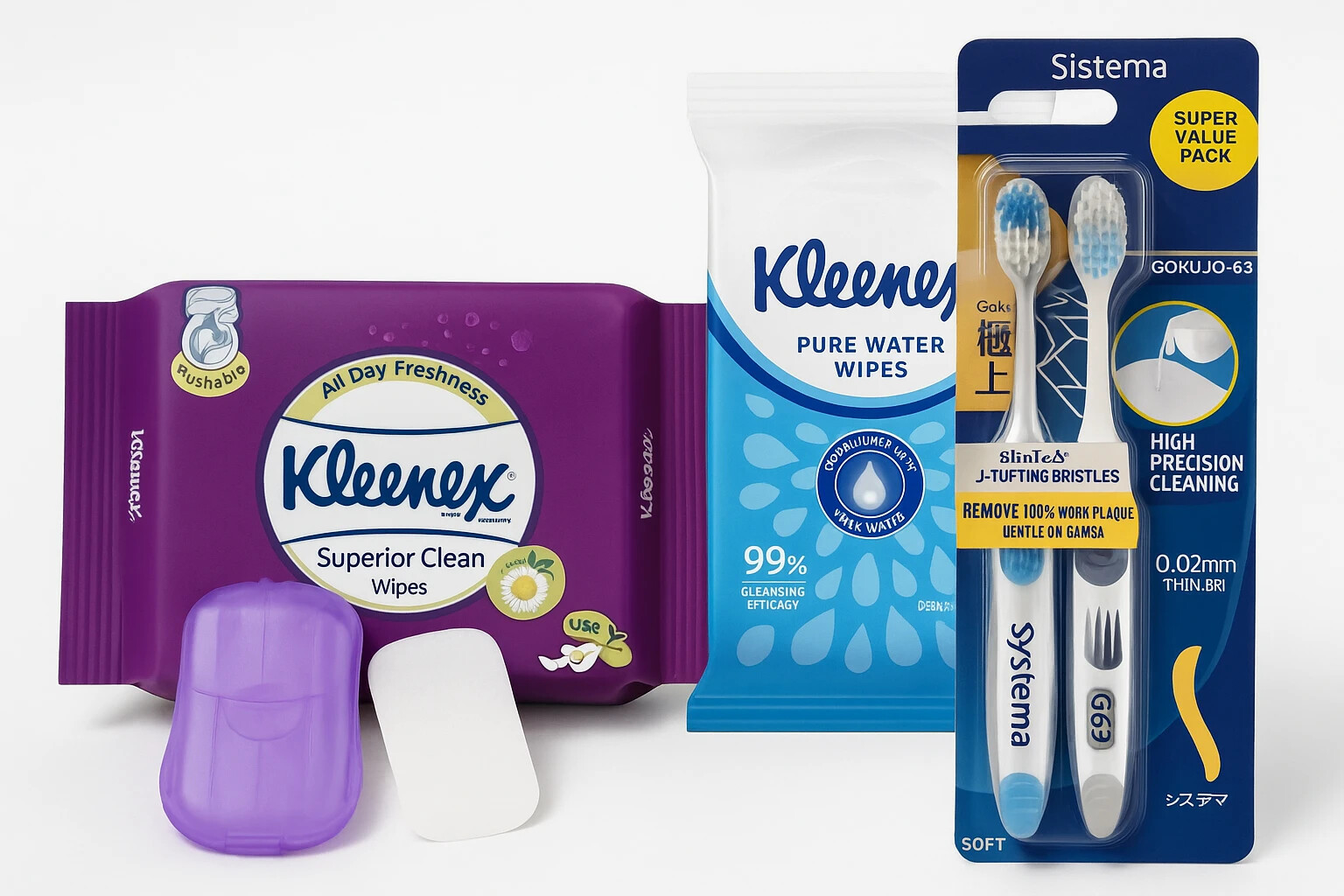 4-in-1 Travel Hygiene Kit | Kleenex Flushable Wipes + Toothb