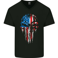 USA Flag Skull Gym MMA Biker America Mens V-Neck Cotton T-Shirt