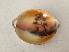 NORITAKE ANTIQUE HAND PAINTED BOWL WITH HANDLES —WINDMILL BY THE LAKE