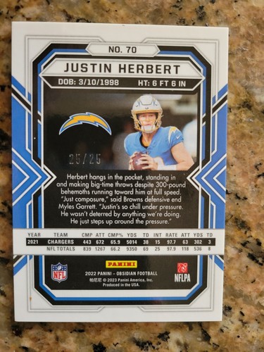 2022 Panini Obsidian - Electric Etch Yellow #70 Justin Herbert 25/25 - Picture 2 of 2
