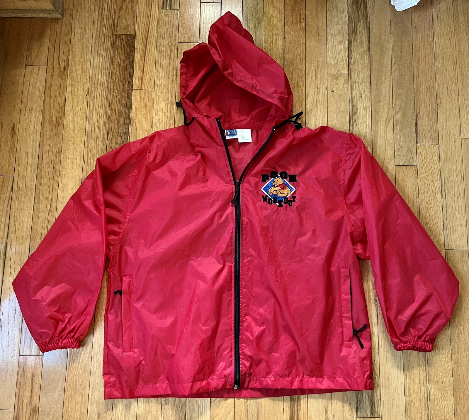VTG Disney Rain Jacket XL Red Black Winnie The Pooh Workout Spell Out Stitched