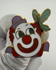 Red Nose Clown Gold Tone Enamel Lapel Pin w/ Green Butterfly On Hat