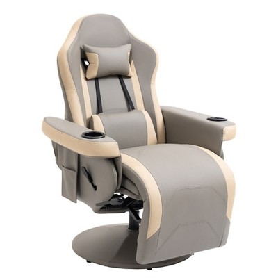 Manual Swivel Recliner Chair Faux Leather Footrest Cup Holder Storage Gray