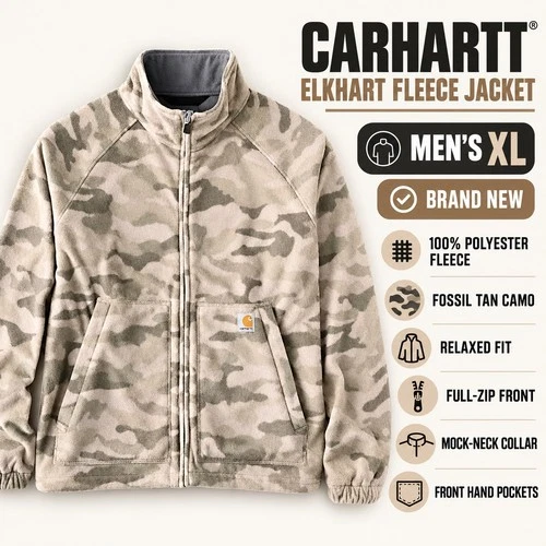 Carhartt Elkhart Fleece Jacket Mens XL Fossil Tan Camo Full Zip 107666 NEW video thumbnail
