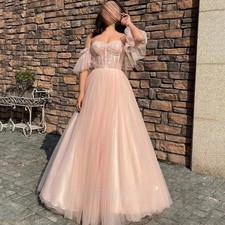 Pink Off Shoulder Lace Princess Evening Dresses Puff Sleeve Prom Party Dresses