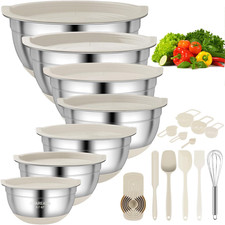 18pcs Stainless Steel Mixing Bowls Set Airtight Lids Nesting Non Slip Khaki