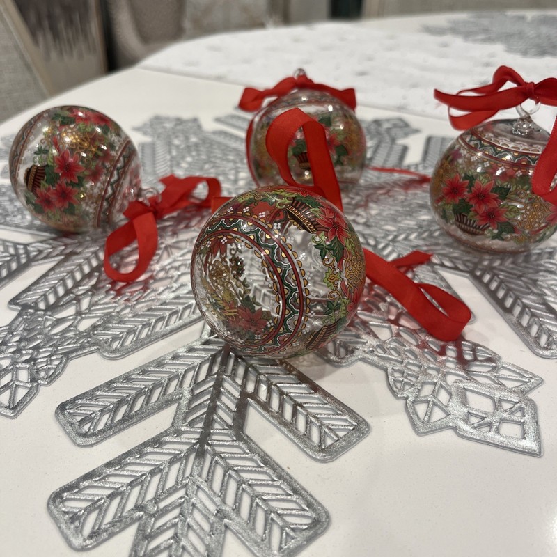 Vtg 1997 Hutschenreuther Glass Ball Xmas Ornament Poinsettia 2.5" Set Of 4