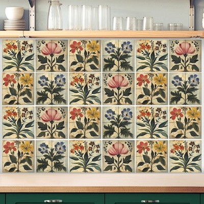 Faccito 24 Pcs Flower Tile Stickers 4x4 Inch Watercolor Retro Rustic Floral P...