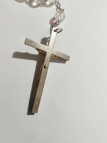 Vintage Czech Glass Aurora Borealis 21" rosary gold/silver Tone crucifix Relic - Picture 7 of 9