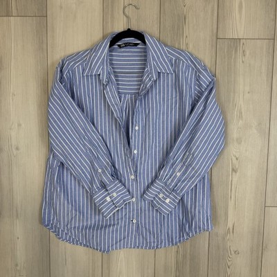 Zara Women s Large Basic Oxford Blue Stripe Button Down Shirt