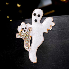 Halloween Spooky Ghost Mom, Baby Brooch Pin Rhinestone Gold Costume Jewelry Gift