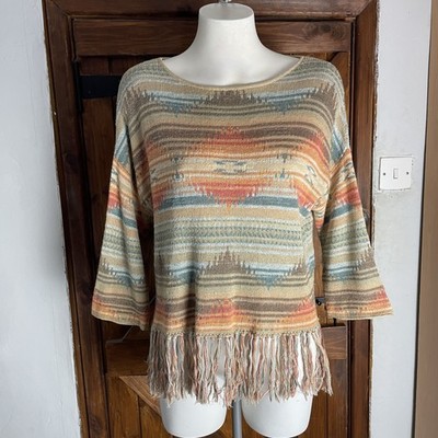 Denim & Supply Ralph Lauren blau orange Navajo Azteken Fransen Strick 3/4 Top Gr. M